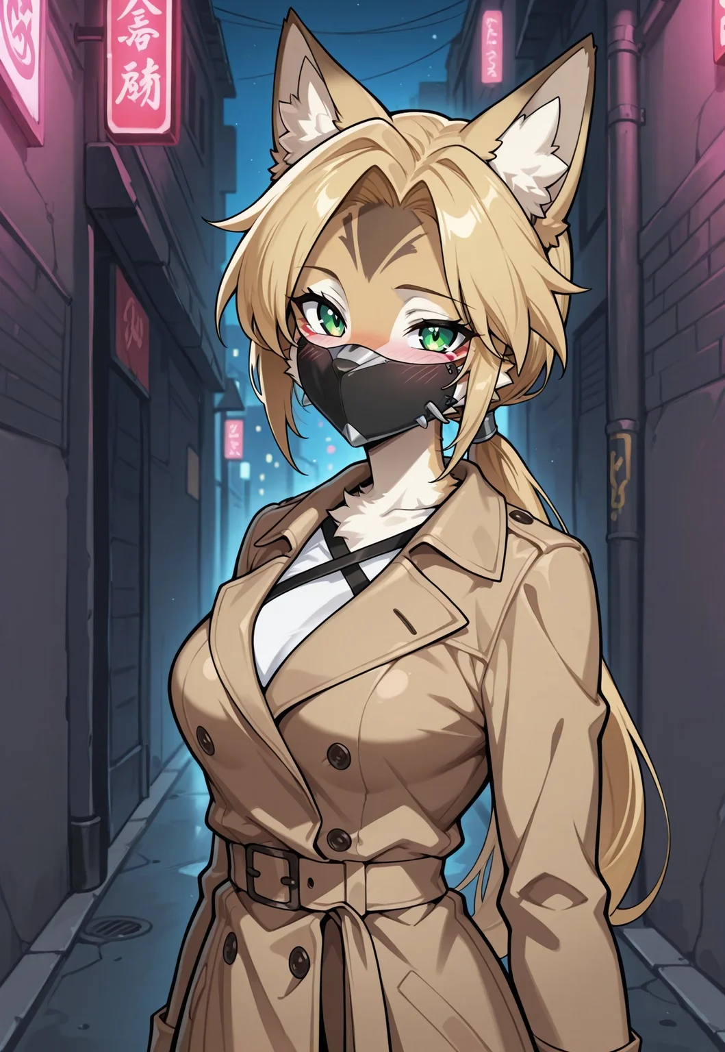 absurdres, high quality, , masterpiece, best quality, very aesthetic, amazing quality, anime, anime style, 1girl, pulchra fellini, animal ears,animal ear fluff, furry, furry female, green eyes,facial mark, multicolored fur, blonde hair, animal nose, ponytail, medium breasts, trench coat, blush, looking at viewer, street, night, backalley, face mask