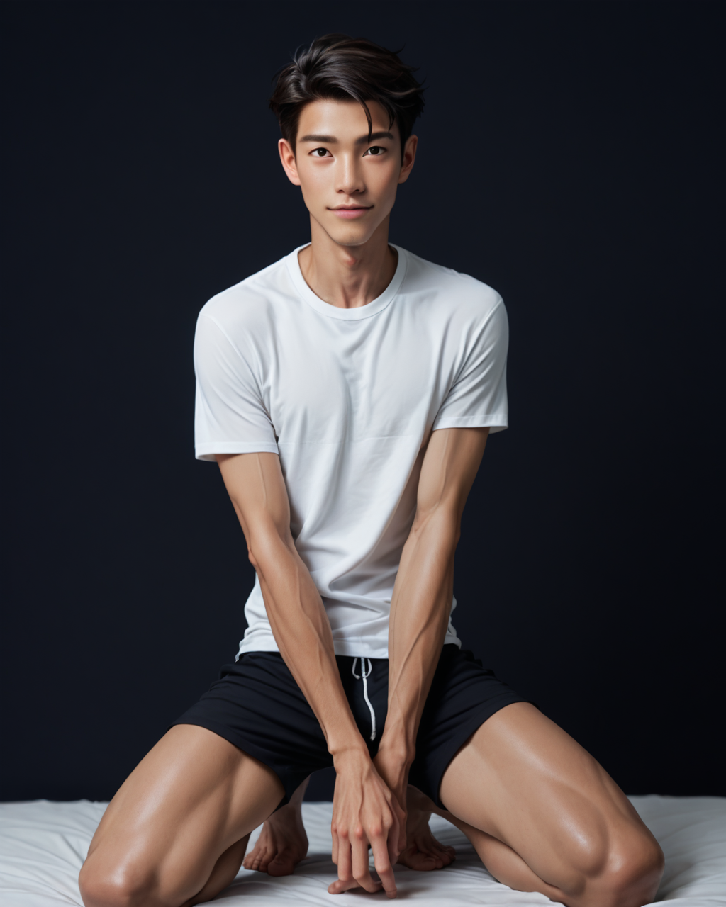 score_9, score_8_up, score_7_up, score_6_up, score_5_up, score_4_up, rating_questionable, 
<lora:Jabstyle_AMXLV1:1>,Jabstyle,
intricately detailed, photo studio with black backdrop, black background,
1boy(human, glistening skin, handsome, sexy, seductive, posing, looking at the viewer, friendly expression, kneeling,
asian, black hair, 
twink, slender, 
loose t-shirt, shorts),
depth of field, 
<lora:xl_more_art-full_v1:0.4>,
<lora:add-detail-xl:0.4>