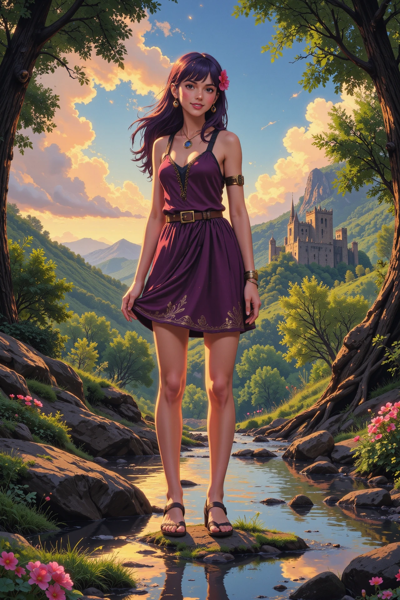half-up half-down hairstyle purple hair young woman, druid, anime, illustration, extremely detailed, portrait, standing, happy smile, flower in hair, glossy lipstick, celtic necklace, boho earrings, loincloth, sandals,  Mulberry druid short dress, legs, sharp focus, fantasy, celtic landscape, small rock, moss, ripples, reflections, celtic  castle, small river pond, druid forest, druid village, stunning nature environment, enchanted land, clovers, Bright Rosy Pink flowers, best quality, colorful, wet floor, bright sunny sky, sunset, raytracing, hdr, high contrast, ethereal natural lights, backlight, lens flare, shadows, vibrant colors, colorful, pretty, beautiful, happy, smiling, feminine, sexy, lovely, in love, adorable, fashion,  <lora:Hand v2:1> <lora:Anti-Blur:1><lora:Insane Detail Slider:0.5>  <lora:flux.1_lora_flyway_Epic-detail_v2:0.3><lora:fluxenhancer:0.5> <lora:RetroAnimeFluxV1:0.4> <lora:Luminous_Shadowscape:0.4> <lora:SujatmikoArafuru_Flux:0.2> Suzume style
