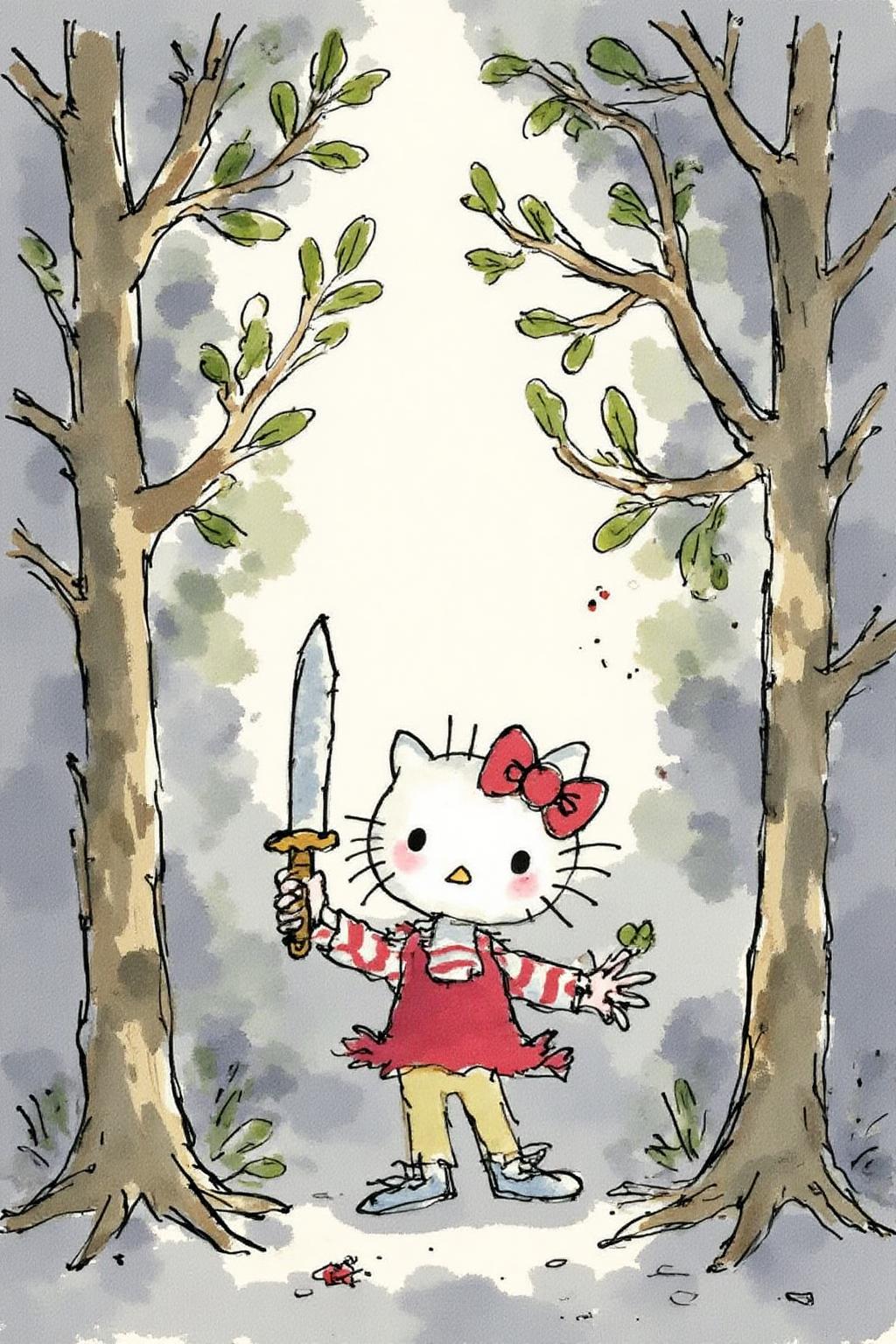 qub1 illustration. 
Hello Kitty in the middle of the forest holding a knife, the atmosphere and the character looks scary, Hello Kitty is hidden by the shadows.   <lora:qub1_cap_d6a3e12:1.0><lora:826982436865970580:0>