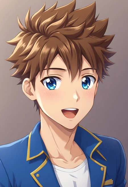 kenji sato v1, brown hair, spiky hair, blue eyes, solo focus, 1boy, solo