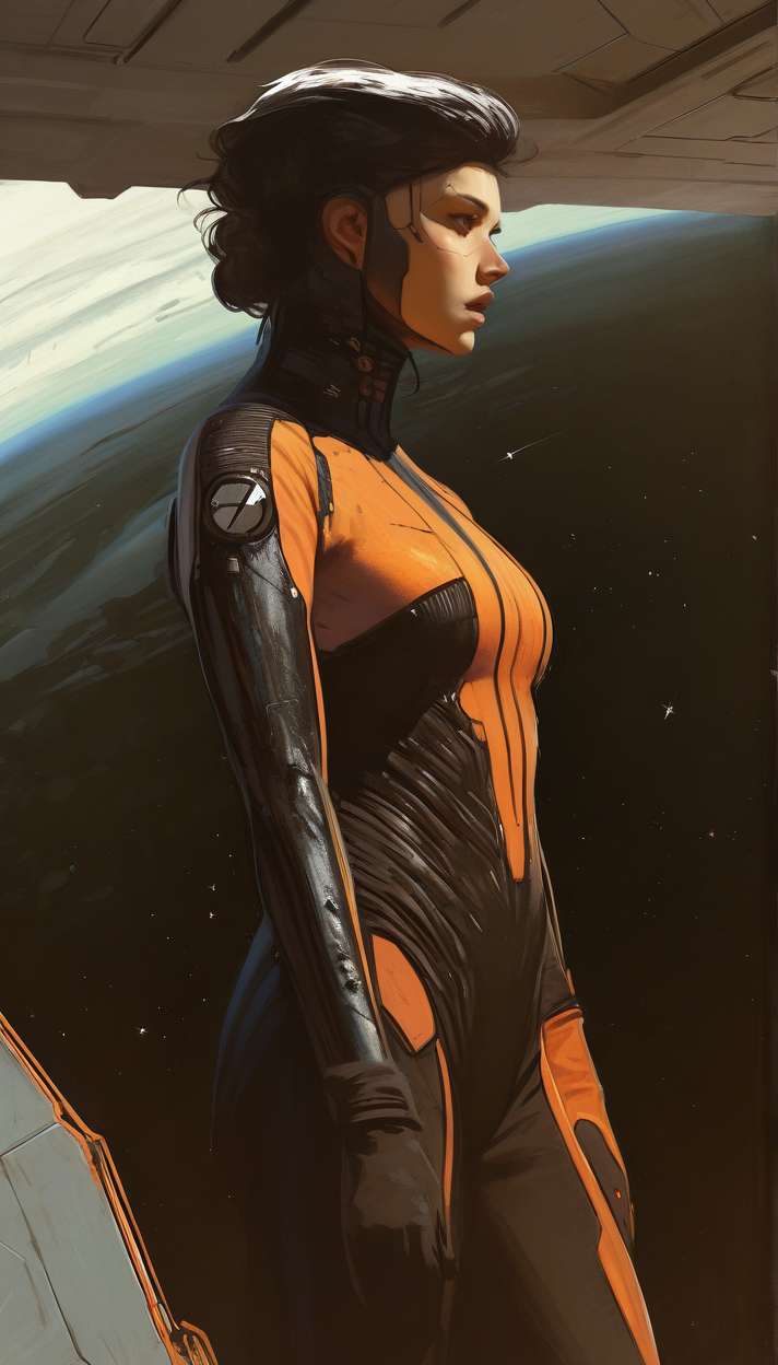 score_9, score_8_up, score_7_up, realistic,  
masterpiece, best quality, amazing quality, highres, absurdres, very aesthetic, very awa,expert shading, ultra detailed, UHD, 8K,
BREAK,   
3l3ganc3, semi-realism,  1girl, solo,
painting, digital illustration,  masterpiece, best quality, highly detailed, oil painting,
3l3ganc3, 1girl, strikingly beautiful, dark hair,  25 year old female, adult, solo,  hazel eyes,    artistic, She stands in front of metallic alien world architecture, combat suit, space, visor, science fiction, orange suit with black accents, flight suit, complex technology, concept art, drawing <lora:Elegence_Niji:0.75> <lora:Syd_Mead_Style:0.69> <lora:ArmorPunkILLUSTRIOUS:0.7> <lora:StefanoCaselliIllus:0.65>