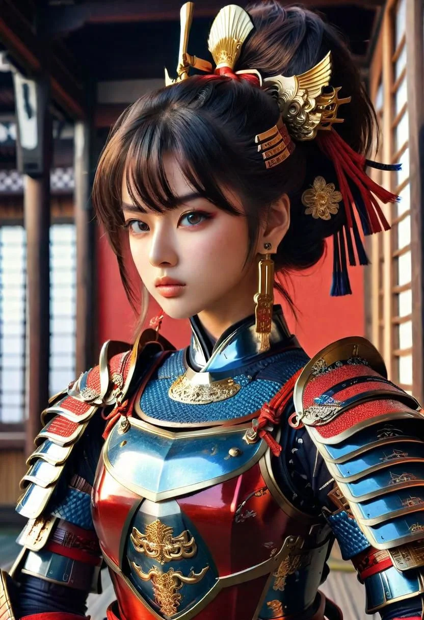 ultra detailed      Masterpiece  8k   ,girl Samurai  complex armor	Multi-layered and large shoulder armor  luster shine  Multilevel  	 black gold 	red blue 	, (beautiful  face)++ 	holdingshe long katanagQkcYR	
Hokusai's Japanese depiction of a very turbulent sea with massive waves. The background s shows a beautiful dark night over a illuminated village. The colors are red and yellow