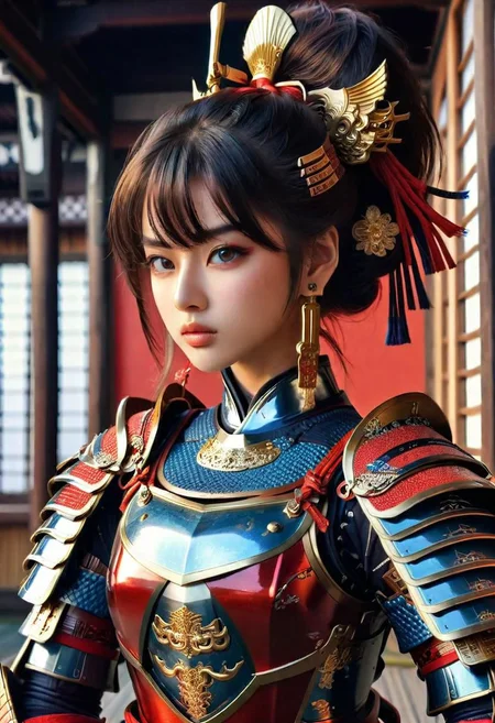 ultra detailed      Masterpiece  8k   ,girl Samurai  complex armor	Multi-layered and large shoulder armor  luster shine  Multilevel  	 black gold 	red blue 	, (beautiful  face)++ 	holdingshe long katanagQkcYR	
Hokusai's Japanese depiction of a very turbulent sea with massive waves. The background s shows a beautiful dark night over a illuminated village. The colors are red and yellow