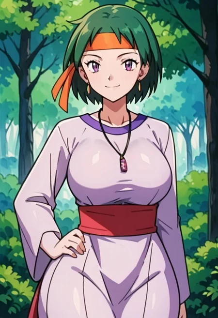 score_9, score_8_up, score_7_up, score_6_up, just describe what you want, tag1, tag2, source_cartoon, rating_explicit, (rochelle \(pokemon\), 1girl, beautiful, (big breasts), round breasts, (huge butt), bubble butt, (light-toned skin), female, (green hair, short hair), purple eyes, seductive, seducing, smiling, closed mouth, looking at you, sexy, solo, tall, ((big body, ((thick thighs)), ((curvy figure, voluptuous)), ((wide hips))))), ((headband, earrings, necklace, dress, light purple dress, long sleeves, waist belt, pants beneath dress)), (standing, one hand on hip, front view), (forest), (zPDXL3)