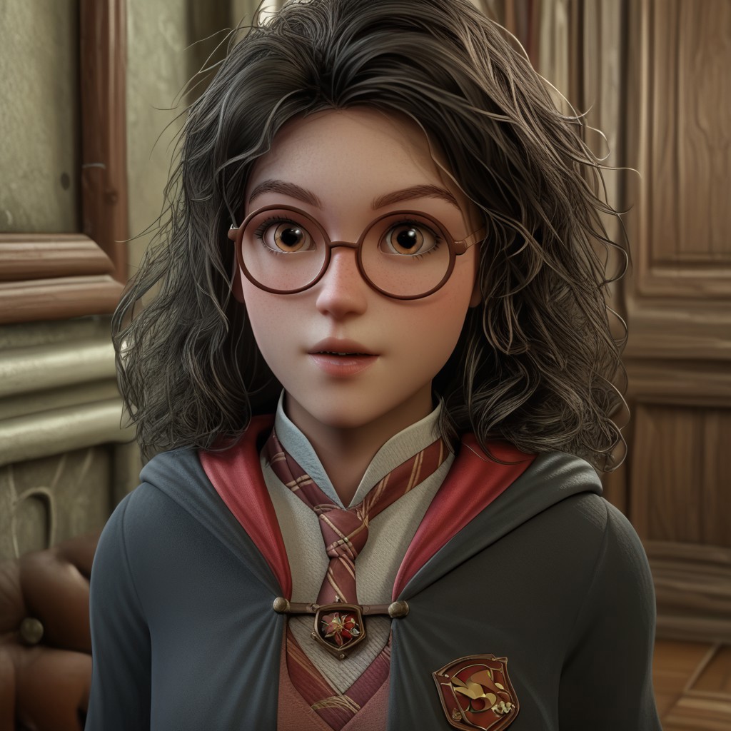 score_9, masterpiece, best quality, realistic, break, cressida_hl, round eyewear, long hair, black hair, curly hair, hogwarts school uniform, walking, hallway, looking at viewer