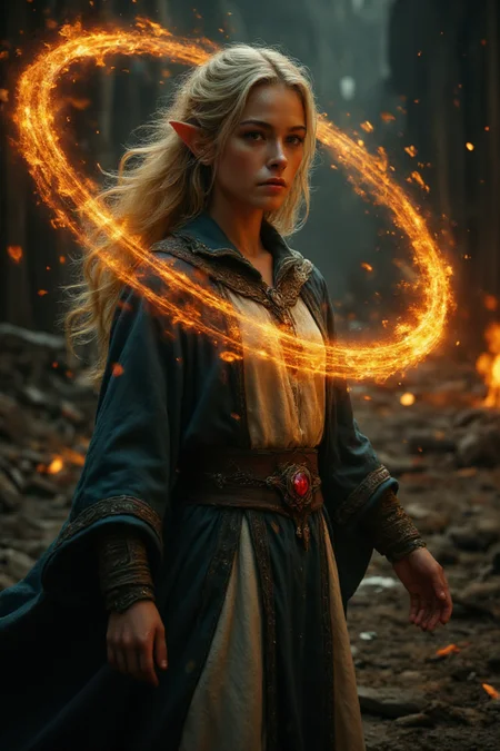 A young, light-skinned female elf, in her late teens or early twenties, is depicted as a powerful sorceress. She stands amidst a scene of intense conflict; flames and burning debris are scattered around her. Her expression is composed and focused, suggesting concentration and control. Her posture is confident and commanding, subtly radiating power. She wears a dark-blue, flowing robe style outfit, layered over a light-cream or white undergarment. The robe features intricate dark accents and details along the collar and cuffs. A crimson gem encircles her chest area, symbolizing her role. Long, flowing, light-gray/white hair cascades down her back. The fire-based magic spell, a large flaming orb is swirling around her, projecting outwards. The overall atmosphere is dark and dramatic, reflecting the perilous setting and the character's formidable nature. The lighting emphasizes the flames, highlighting the character's attire with dramatic shadows. The background depicts a ruined, night-time town, with flickering fires and debris. The fiery environment and the character's presence combine to create a compelling image, evoking fantasy role-playing game (RPG) aesthetics. The style leans towards photorealistic digital art, with high definition details, and a dramatic intensity. Epic fantasy style.
<lora:Flux.1_Turbo_Detailer:1> <lora:flux_realism_lora:1> <lora:Hand v2:1> <lora:lora:1> <lora:42lux HighResFix:1>