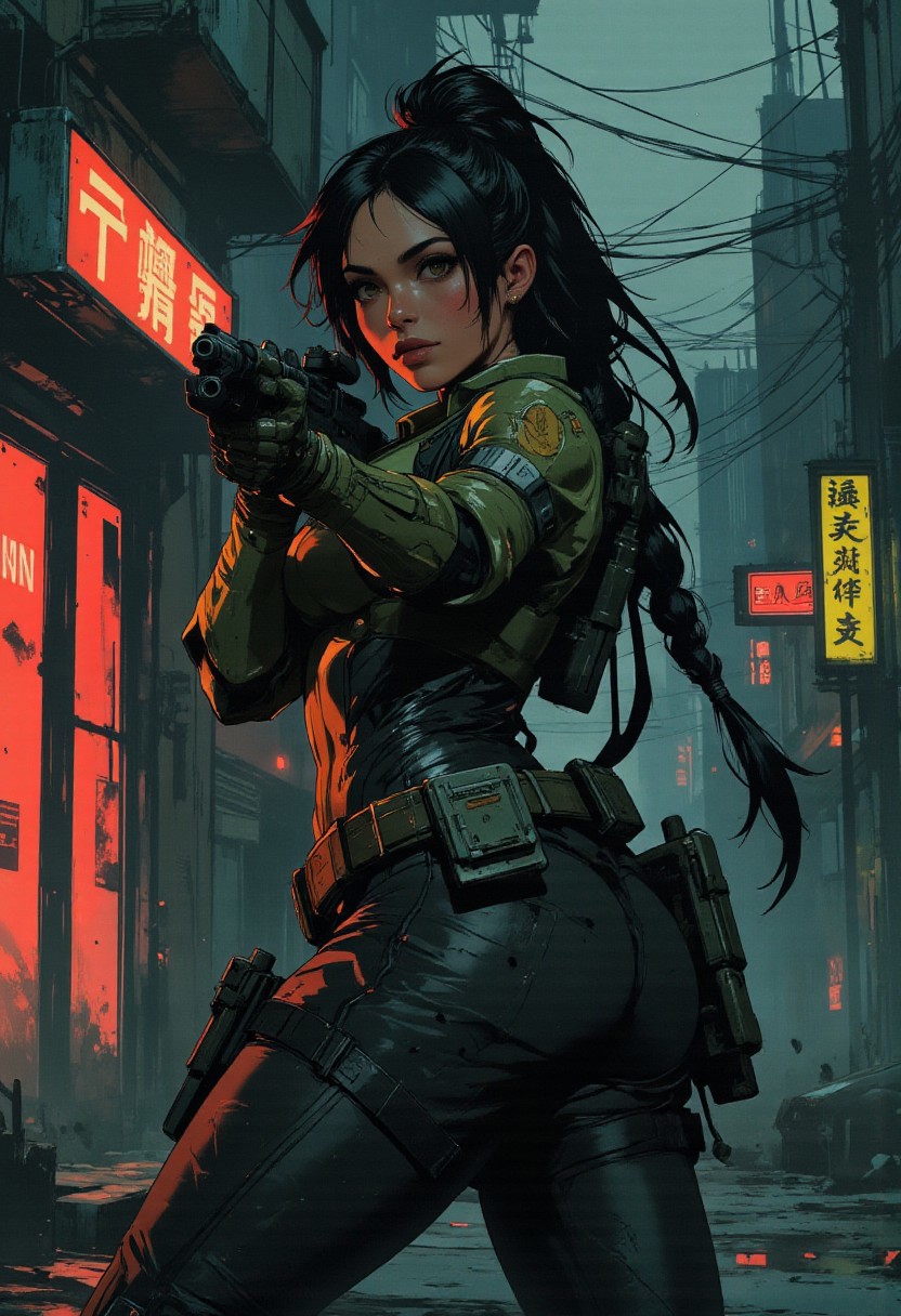 magnificent, closeup portrait, female bounty hunter, braided black hair, futuristic armor, halo spartan, spartan armor, sexy, curvy, large breasts, large ass, aiming a sniper rifle, sniper rifle, aiming rifle, holstered pistol, Cyberpunk City, Neon Lights, foreshortening,
solo, 
Cowboy Shot, close up, from above,