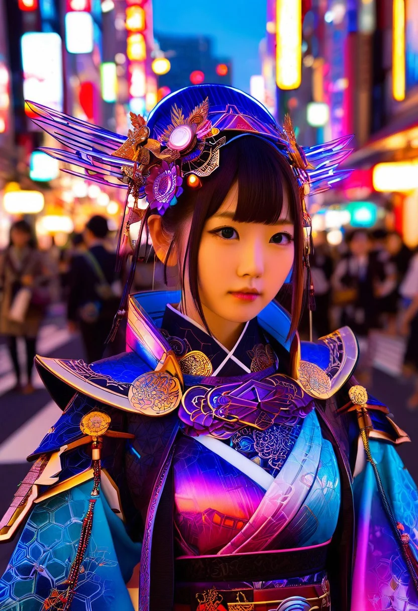 A hyper-realistic depiction of a single girl, focusing on her upper body, adorned in intricately designed fantasy clothes that blend futuristic elements with modern Japanese culture, set against a softly lit, neon-drenched Tokyo streetscape at dusk, with a shallow depth of field and a subtle lens flare, in the style of a high-fashion digital painting with vibrant, saturated colors and delicate textures, evoking a sense of dynamic energy and cultural fusion.