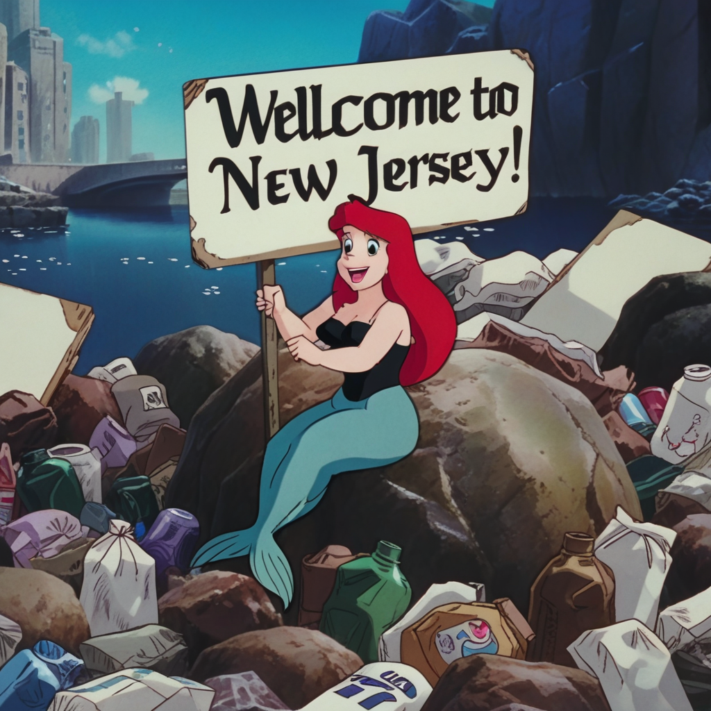 <lora:lora_32-32_ghibli-artstyle_adamw8bit_constant_1e-4_100ep_fp16_0drop_scaleweight0_minsnr5-2repeats:1> image in gg artstyle of the little mermaid on a rock in a trash heap, covered in trash bags, (holding a sign that only says "Welcome to New Jersey!":1.3)