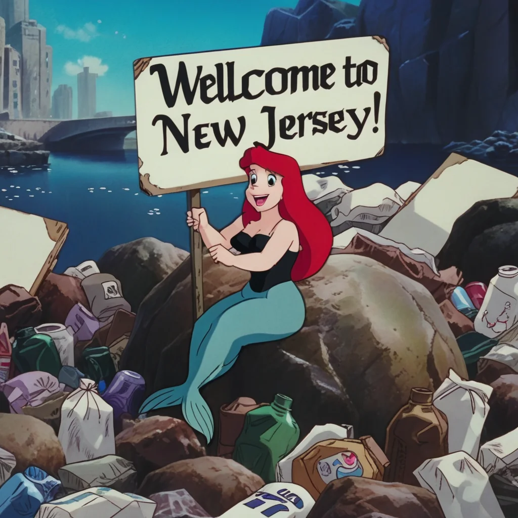 <lora:lora_32-32_ghibli-artstyle_adamw8bit_constant_1e-4_100ep_fp16_0drop_scaleweight0_minsnr5-2repeats:1> image in gg artstyle of the little mermaid on a rock in a trash heap, covered in trash bags, (holding a sign that only says "Welcome to New Jersey!":1.3)