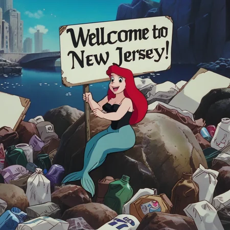 <lora:lora_32-32_ghibli-artstyle_adamw8bit_constant_1e-4_100ep_fp16_0drop_scaleweight0_minsnr5-2repeats:1> image in gg artstyle of the little mermaid on a rock in a trash heap, covered in trash bags, (holding a sign that only says "Welcome to New Jersey!":1.3)