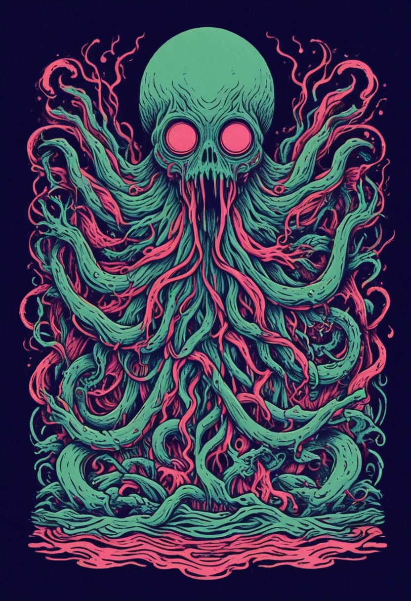 three_color_engraving, easynegative, humanoid cthulhu, tentacle, 80s skate art, background: (simple background)
