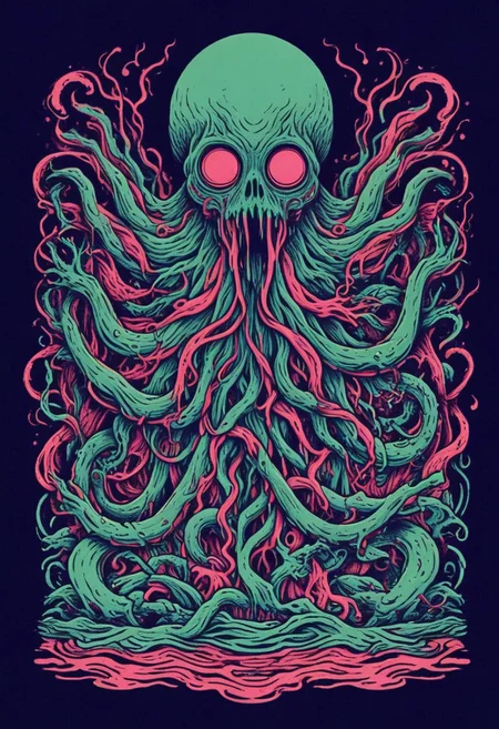three_color_engraving, easynegative, humanoid cthulhu, tentacle, 80s skate art, background: (simple background)