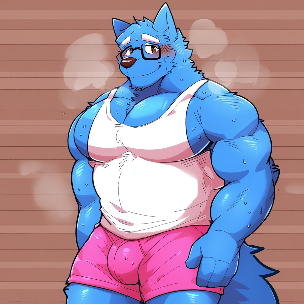 Muscular male, 1boy, solo, gym background, furry, wolf, blue body, black glasses, brown eyes, large pectorals, white tank top, pink shorts, smiling, sweating, blushing, standing
