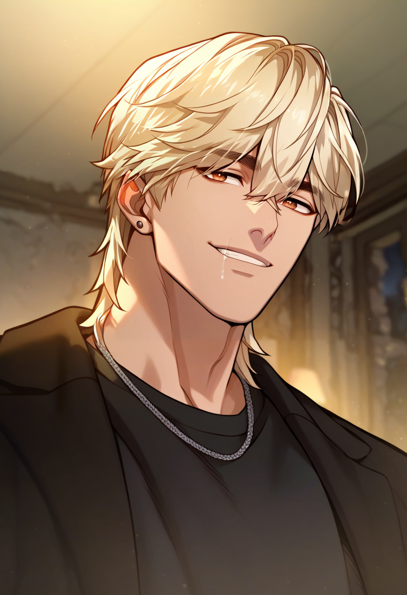 1boy, male focus, solo,
 <lora:Character - Questism - JaehaHanPony-40:1> jaehahan, blonde hair, brown eyes, necklace, stud earrings, 
,((zPDXL)), score_9_up, score_8_up, score_7_up, score_6_up, score_5_up, score_4_up, best quality, amazing quality, best aesthetic, amazing aesthetic, absurdres, year2023, uncensored, very nsfw, official art, official style, depth of field, detailed eye,
night, indoors, black shirt, jacket, ruins, smirk, upper body,   
<lora:Style - Expressive_H-000001:1> expressiveh