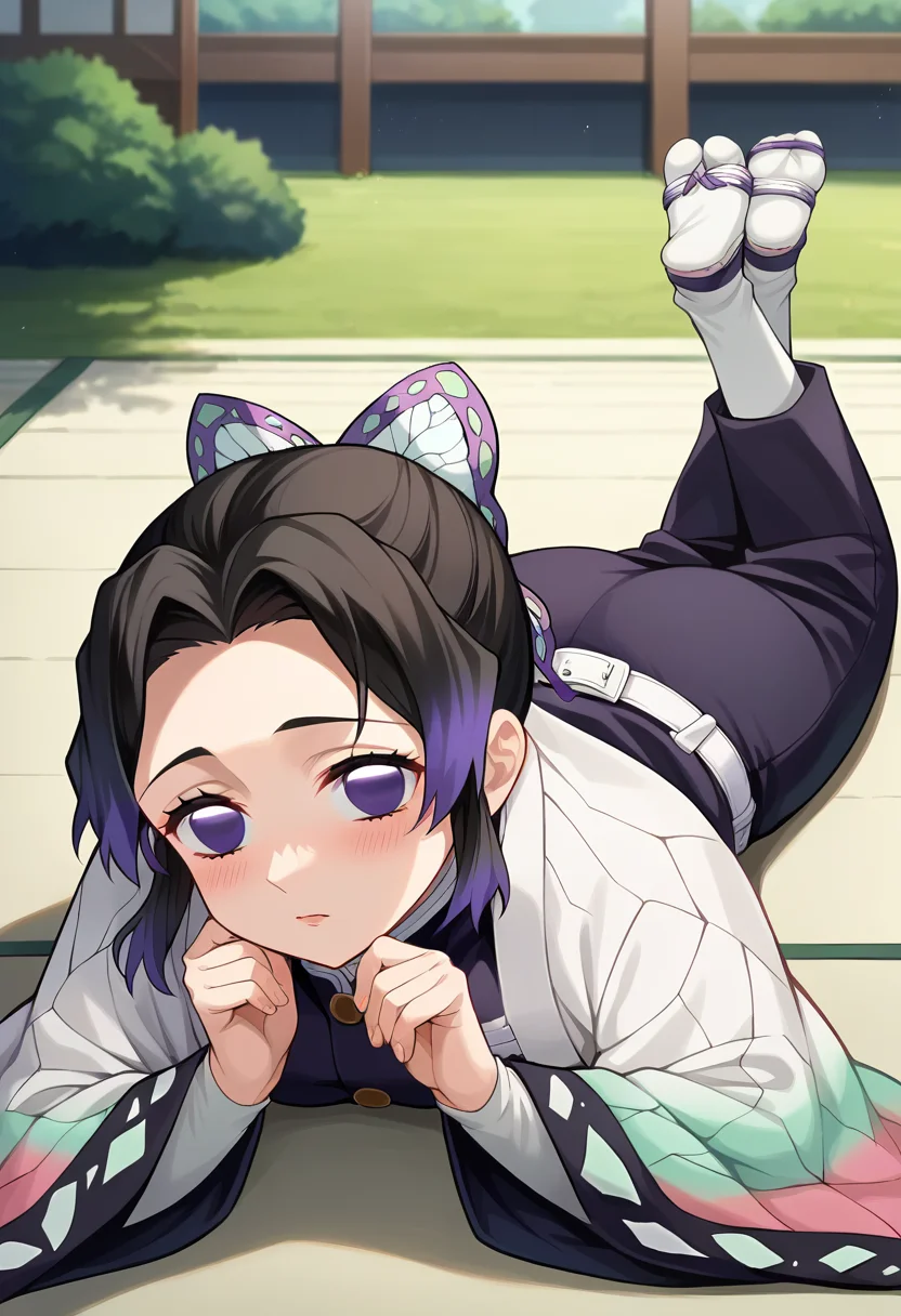 score_9, score_8_up, score_7_up, source_anime, masterpiece, 1girl, ct_sh1n0bu, haori, white belt, black uniform, black pants, wide sleeves, outdoors, ground, on ground, lying, on stomach, japanese house, looking at viewer, blush, depth of field, hand support, hands on chin, medium breasts, zouri, tabi, <lora:Shinobu_Kochou_p_ct_ver2:0.9>