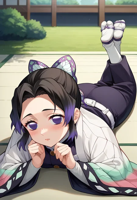 score_9, score_8_up, score_7_up, source_anime, masterpiece, 1girl, ct_sh1n0bu, haori, white belt, black uniform, black pants, wide sleeves, outdoors, ground, on ground, lying, on stomach, japanese house, looking at viewer, blush, depth of field, hand support, hands on chin, medium breasts, zouri, tabi, <lora:Shinobu_Kochou_p_ct_ver2:0.9>