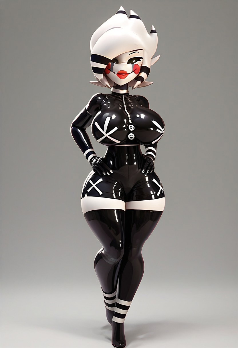score_up_9, score_up_8, score_up_7, best quality, hd, 3DMM, beautiful face, blue eye colour, full body, , luscious lips, smirk, straight on view, full body, 
Marie (FNAF), 1girl,  white skin, coloured skin, white hair, black eyes, coloured sclera, short hair, black thighhighs, crop top, black gloves,  shorts, standing, hands on hips, latex, latex clothing,