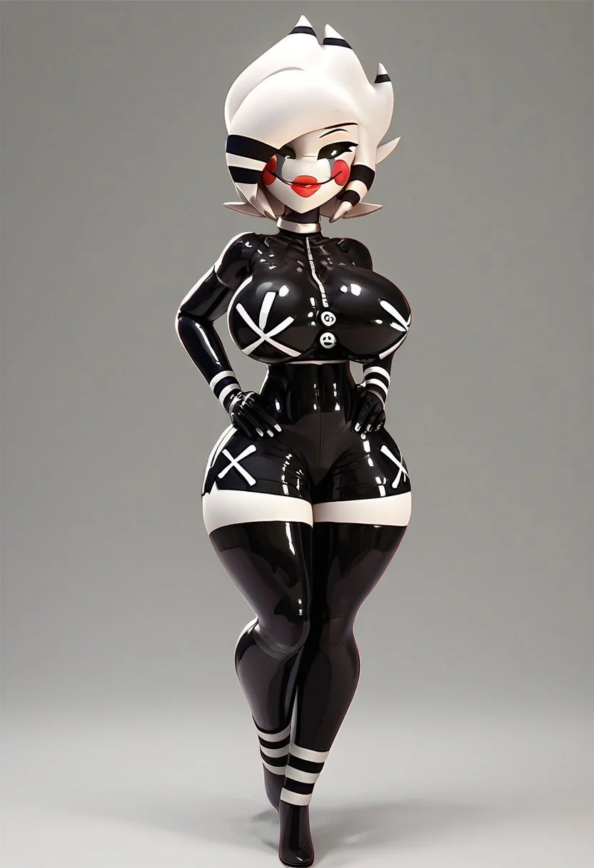 score_up_9, score_up_8, score_up_7, best quality, hd, 3DMM, beautiful face, blue eye colour, full body, , luscious lips, smirk, straight on view, full body,
Marie (FNAF), 1girl, white skin, coloured skin, white hair, black eyes, coloured sclera, short hair, black thighhighs, crop top, black gloves, shorts, standing, hands on hips, latex, latex clothing,