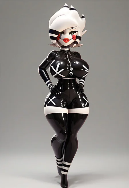 score_up_9, score_up_8, score_up_7, best quality, hd, 3DMM, beautiful face, blue eye colour, full body, , luscious lips, smirk, straight on view, full body,
Marie (FNAF), 1girl, white skin, coloured skin, white hair, black eyes, coloured sclera, short hair, black thighhighs, crop top, black gloves, shorts, standing, hands on hips, latex, latex clothing,