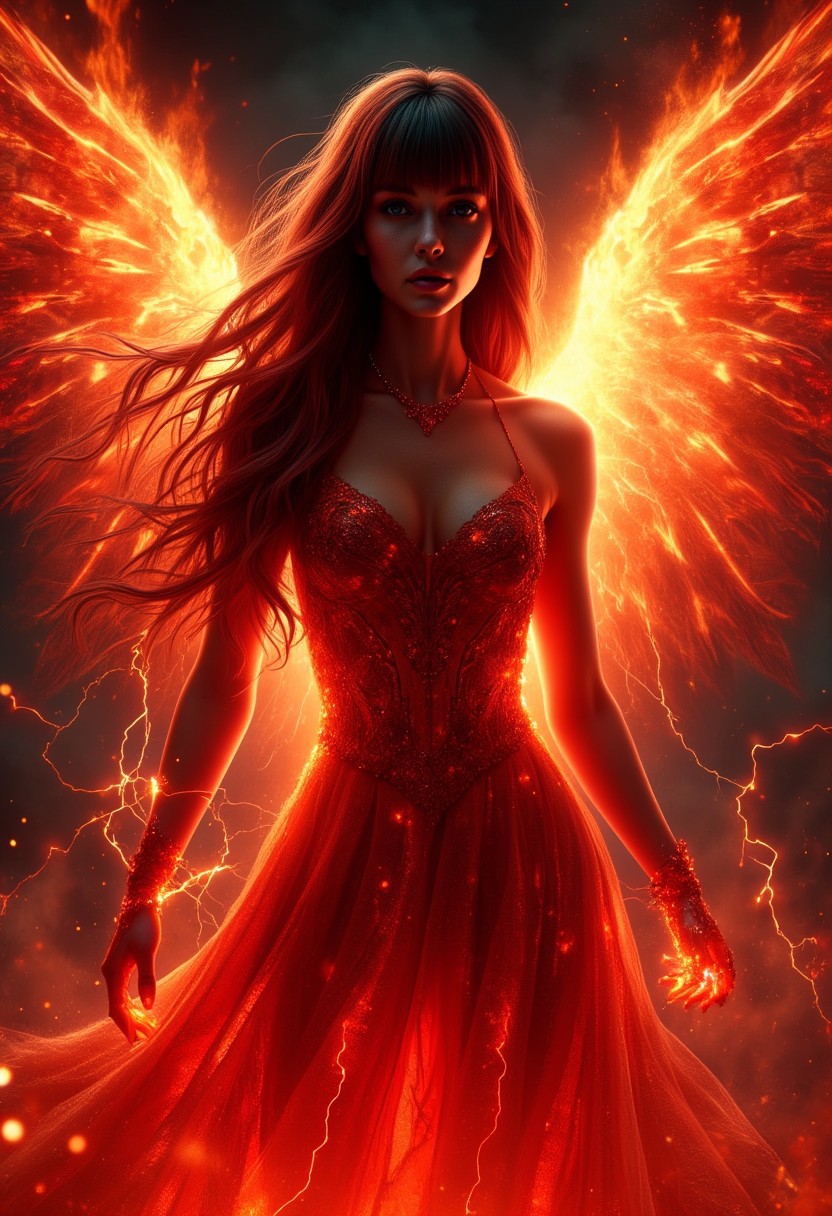 A digital painting in the style of ck-js,, Silhouette Art, magnificent. female fire elemental, long hair, bangs, red flame-infused dress, pulsing with fire and red electrical energy, wings of fire