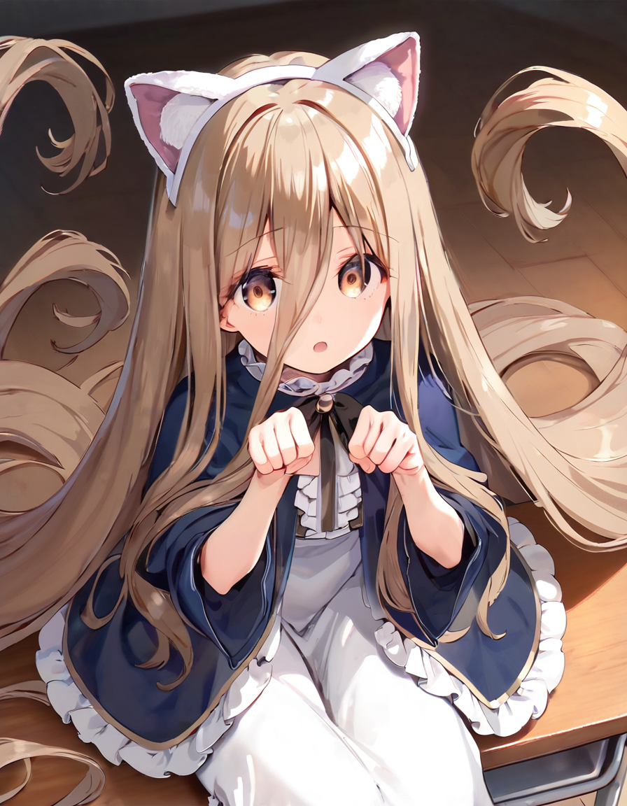 score_9, score_8_up,score_7_up,score_6_up, a girl is sitting over a desk, paw pose, fake cat ears, open mouth, 
 <lora:maeshima_ryo_style_xl_v1:1> <lora:sense_sousou no frieren_PONY_last:0.6> sense \(sousou no frieren\),brown eyes,very long hair,absurdly long hair,hair between eyes,eyes visible through hair, blue capelet,frilled dress,white long dress