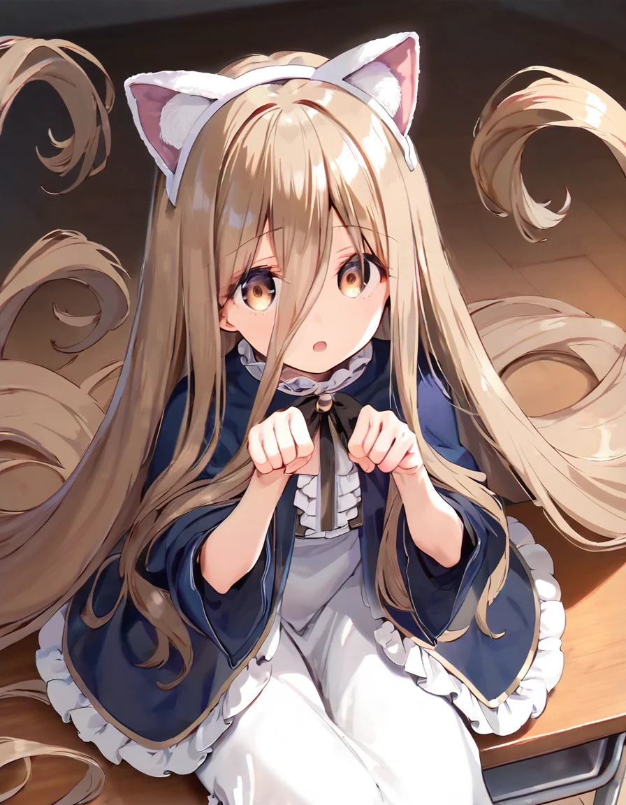 score_9, score_8_up,score_7_up,score_6_up, a girl is sitting over a desk, paw pose, fake cat ears, open mouth,
<lora:maeshima_ryo_style_xl_v1:1> <lora:sense_sousou no frieren_PONY_last:0.6> sense \(sousou no frieren\),brown eyes,very long hair,absurdly long hair,hair between eyes,eyes visible through hair, blue capelet,frilled dress,white long dress