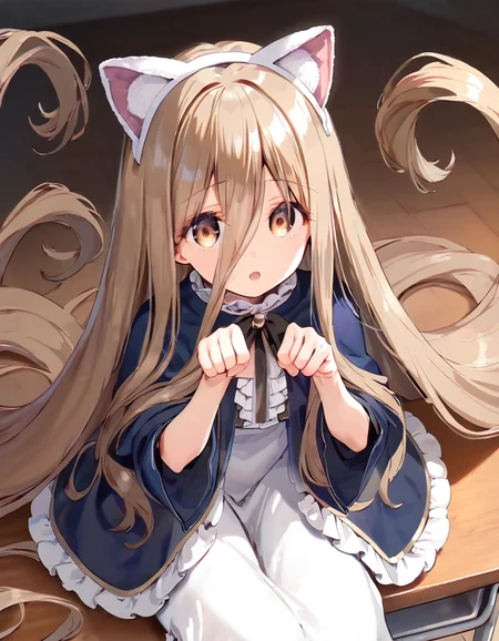 score_9, score_8_up,score_7_up,score_6_up, a girl is sitting over a desk, paw pose, fake cat ears, open mouth,
<lora:maeshima_ryo_style_xl_v1:1> <lora:sense_sousou no frieren_PONY_last:0.6> sense \(sousou no frieren\),brown eyes,very long hair,absurdly long hair,hair between eyes,eyes visible through hair, blue capelet,frilled dress,white long dress