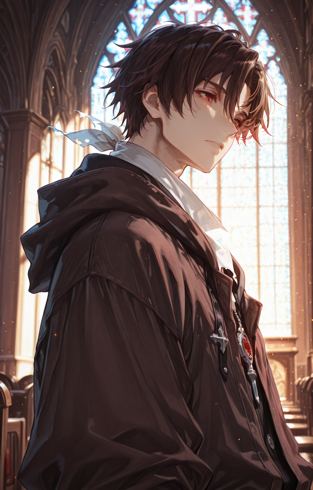light particles,
blurry background,
solo, 
 <lora:shinei_nozen:1> shinei nozen, male, brown hair,red eyes 
church
 <lora:Mixplin_-_Illustrious:1>, masterpiece,  best quality,  <lora:perfect-eyes:0.8> perfecteyes