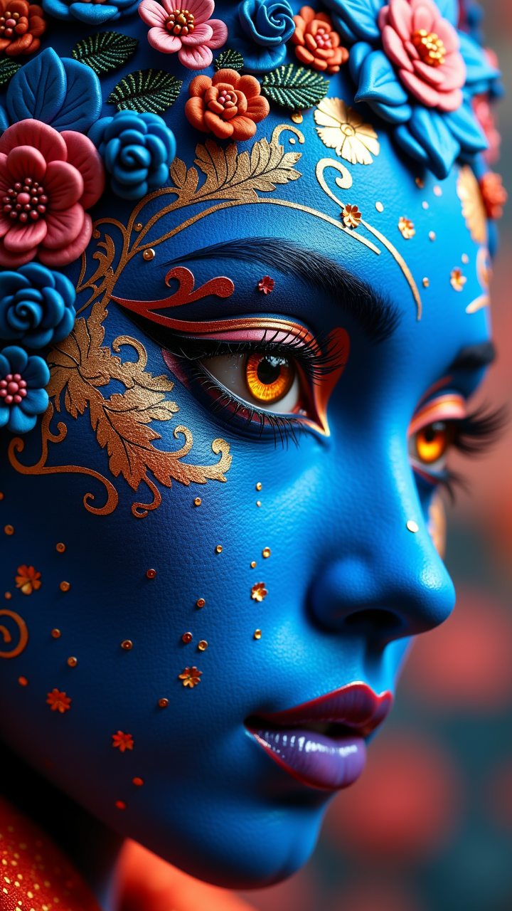 Neo Dada Art, soft focus of The kabuki actors is alive with Blue Tar, reminiscent of the iconic Zadar. Its complex artistic color composition patterns are brought to life in highly color focused detail, from the [Characteristic:Boundless:2] edges of its skin to the highly decorated curves of its eyes. aidmafluxproultra