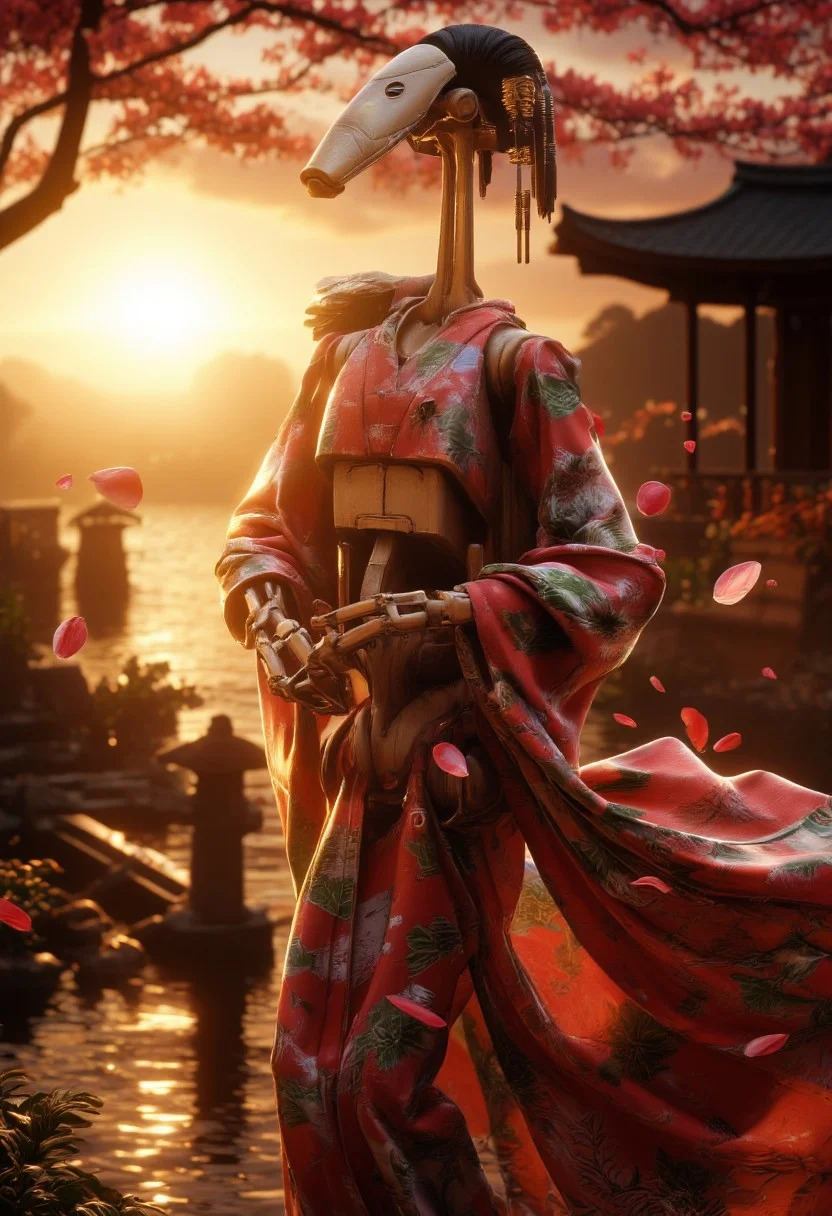 A Star Wars battle droid is elegantly dressed as a traditional geisha, standing gracefully in a serene Japanese garden. The droid wears an intricately detailed, vibrant kimono with delicate floral patterns, flowing softly around its mechanical frame. Its hair is styled in the iconic geisha updo, jet black and adorned with decorative chopsticks, while sakura (cherry blossom) petals gently fall around it in the soft evening breeze. The background features a picturesque Japanese sunset, casting a warm golden glow over the scene. Behind the droid, traditional wooden buildings, stone lanterns, and a tranquil koi pond complete the setting. The entire scene is detailed and cinematic, with an ethereal beauty, blending the droid’s metallic nature with the elegance of geisha culture