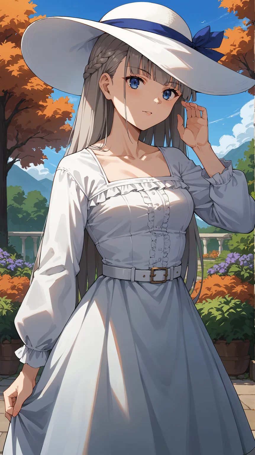 score_9,score_8_up,score_7_up,score_6_up, <lora:xl_more_art-full_v1:0.5>, source_anime, girl, dynamic pose, one hand on her hip, one hand behind her head, <lora:Lawine - Pony-000004:0.8>, long hair, grey hair, braid, blunt bangs, blue eyes, white sunhat, blue ribbon, light blue top, long sleeves, crop top, white dress, white belt, frills, collarbone, garden, autumn,