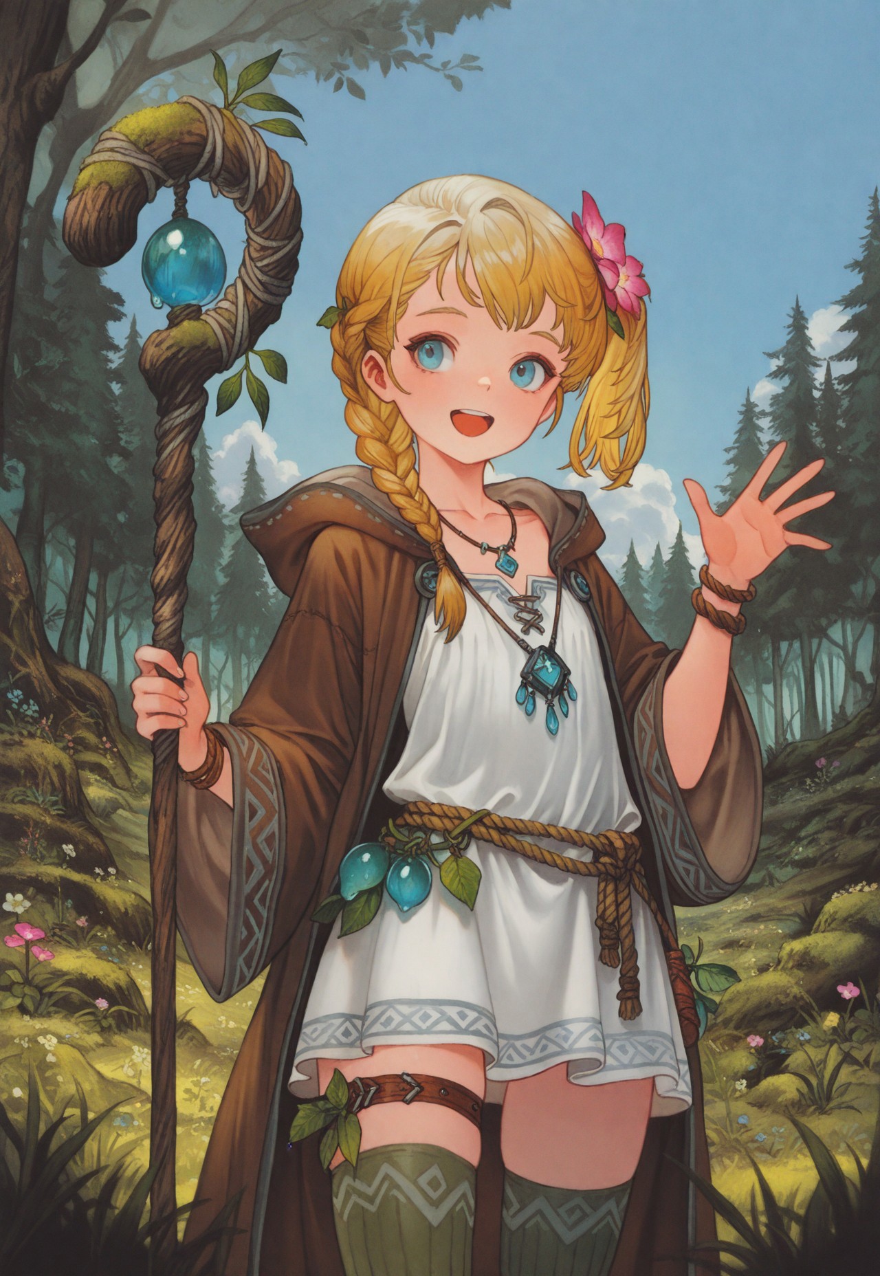 masterpiece, best quality, very aesthetic, absurdres, 
cowboy shot, 1girl, solo, 
rookie druid, blue eyes, blonde hair, side ponytail, braided ponytail, flat chest, collarbone, 
hair flower, necklace, hood down, hooded robe, brown robe, wide sleeves, white dress, short dress, wooden bracelet, rope belt, thigh strap, green thighhighs, boots, 
holding staff, 
standing, :d, happy, hand up, outstretched hand, sprout, dew drop, 
outdoors, forest, tree, flower, plant, leaf, moss, day, blue sky, cloud, grass, 
oygilmb 
rakugakingu 
bdbgil 