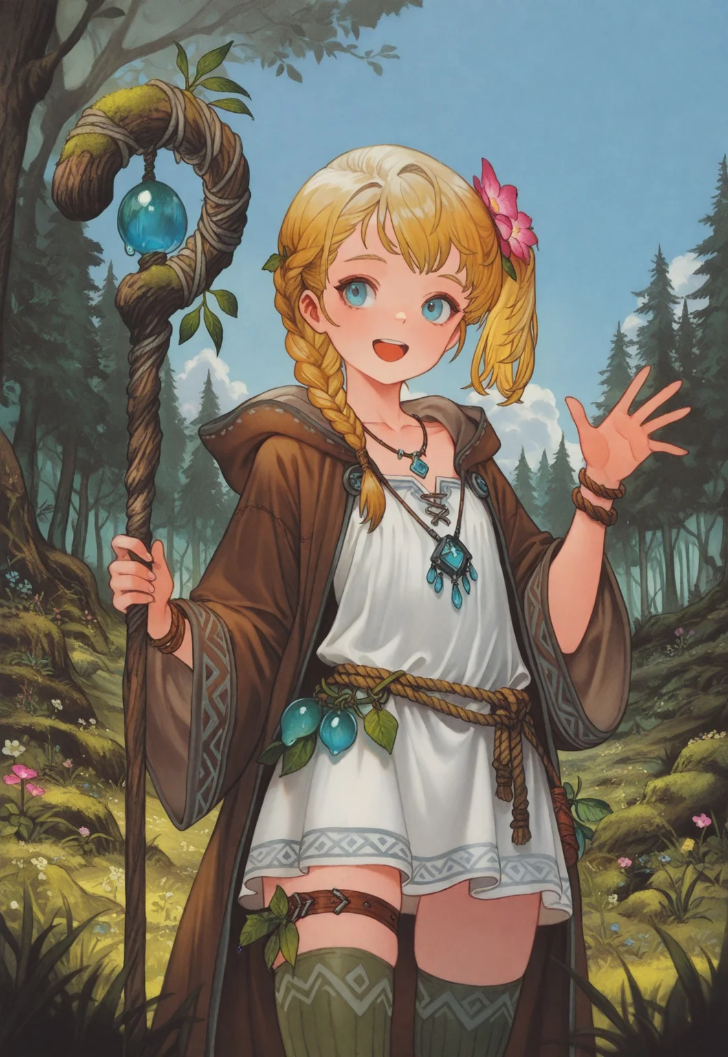 masterpiece, best quality, very aesthetic, absurdres,
cowboy shot, 1girl, solo,
rookie druid, blue eyes, blonde hair, side ponytail, braided ponytail, flat chest, collarbone,
hair flower, necklace, hood down, hooded robe, brown robe, wide sleeves, white dress, short dress, wooden bracelet, rope belt, thigh strap, green thighhighs, boots,
holding staff,
standing, :d, happy, hand up, outstretched hand, sprout, dew drop,
outdoors, forest, tree, flower, plant, leaf, moss, day, blue sky, cloud, grass,
oygilmb
rakugakingu
bdbgil