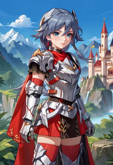 score_9, score_8_up, source_anime, HuaFiASw, blue eyes, grey hair, long hair, low ponytail, circlet, silver armor, red cape, silver gauntlets, red skirt, red thighhighs, silver armored boots, outdoors, mountains, castle, <lora:ChamFuHuaPonyXL:1>