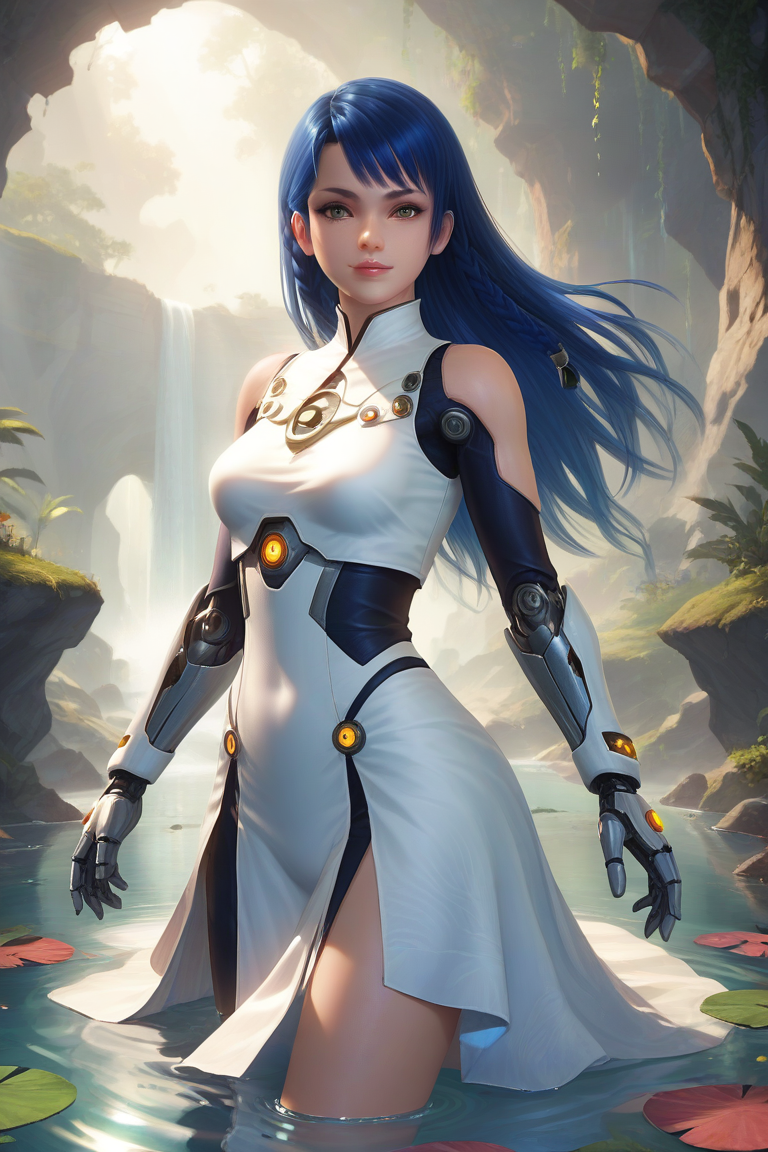 score_9,score_8,score_7_up,blue hair,detailed background,
lobelia \(doa\), 1girl, solo,long hair, asymmetrical bangs, single braid, side braid, 
colorful prismatic refracted light, reflections, transparency, intense colors, white gossamer dress, bioengineered high tech cyborg,beautiful and precise,water, reflections,
 <lora:doa_lobelia_pdxl_v20-000006:0.9>