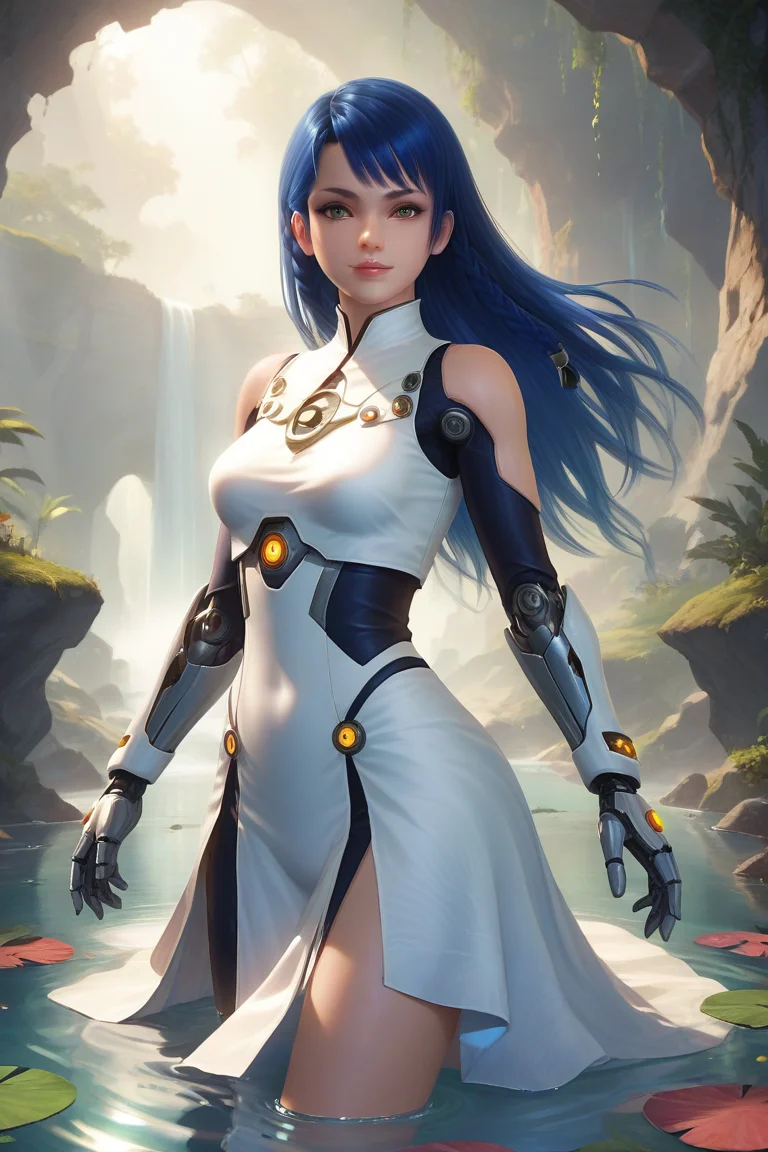 score_9,score_8,score_7_up,blue hair,detailed background,
lobelia \(doa\), 1girl, solo,long hair, asymmetrical bangs, single braid, side braid,
colorful prismatic refracted light, reflections, transparency, intense colors, white gossamer dress, bioengineered high tech cyborg,beautiful and precise,water, reflections,
<lora:doa_lobelia_pdxl_v20-000006:0.9>