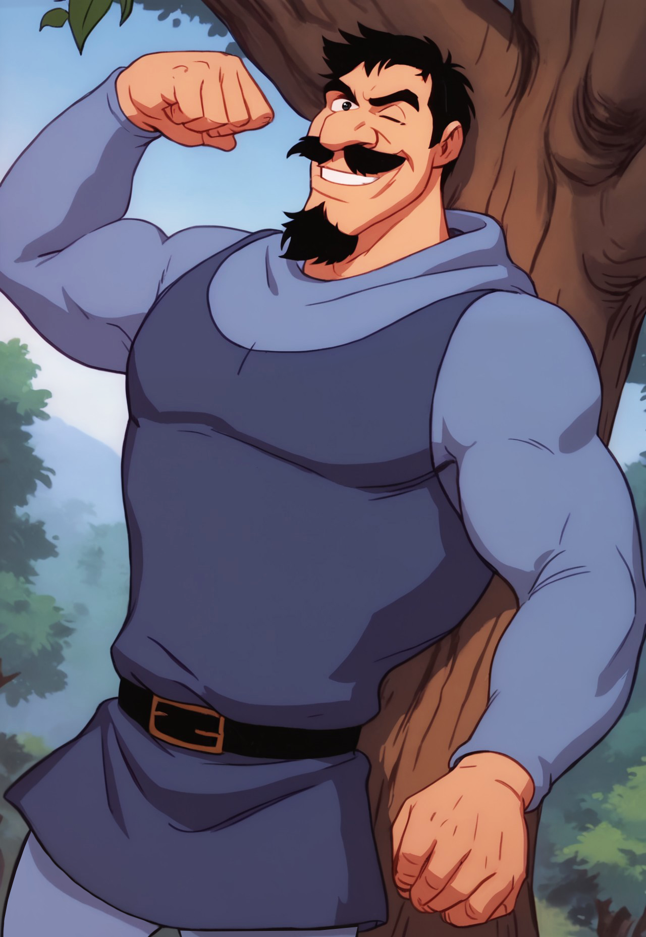 score_9, score_8_up, DukeIgthorn, black hair, black eyes, mustache, beard, mature male, muscular, hooded bodysuit, hood down, blue tunic, looking at viewer, smile, dynamic pose, detailed background, dutch angle, forest, trees, blue sky, portrait, leaning against a tree, black belt, leaves on the wind, leggings, short hair, winking,