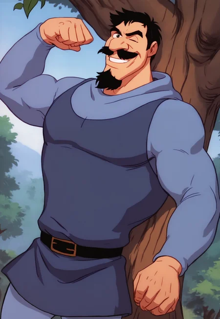 score_9, score_8_up, DukeIgthorn, black hair, black eyes, mustache, beard, mature male, muscular, hooded bodysuit, hood down, blue tunic, looking at viewer, smile, dynamic pose, detailed background, dutch angle, forest, trees, blue sky, portrait, leaning against a tree, black belt, leaves on the wind, leggings, short hair, winking,