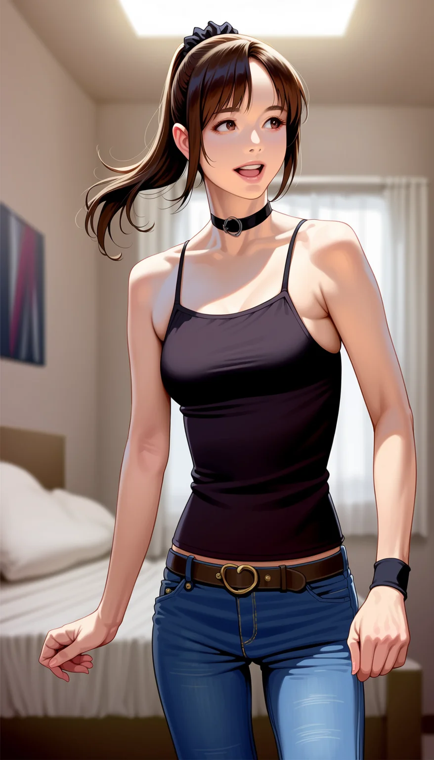score_9,score_8_up,score_7_up,
<lora:miiyamotohikari:0.9>,miiyamotohikari,
photorealistic,realistic,
1girl,solo,black hair,bangs,ponytail,black scrunchie,brown eyes,looking to the side,facing aside,open smile,black camisole,jeans,brown belt,choker,black wristband,standing,cowboy shot,
blurry background,simple background,indoors,bedroom,