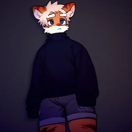 score_9_up, score_8_up, score_7_up, source_furry, atlyssstyle, low poly, milkytiger, tiger ears, tiger boy, white eyebrows, blue eyes, 1boy, solo, black sweater, gray shorts