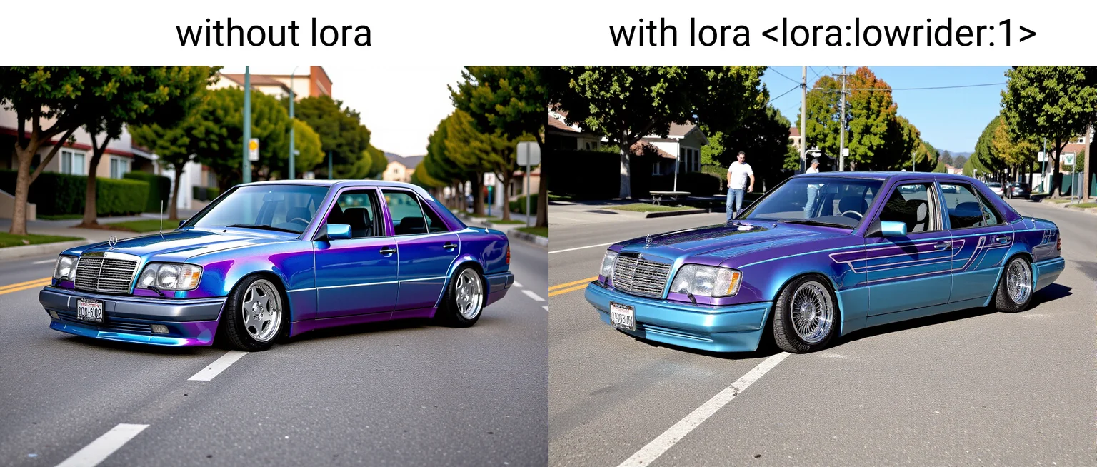 a mercedes W124 lowrider, blue, purple and cyan metalflake paint with straight line designs on it, white sidewall tires, chrome wire wheels, in a los angeles street <lora:w124_flux:1> without lora