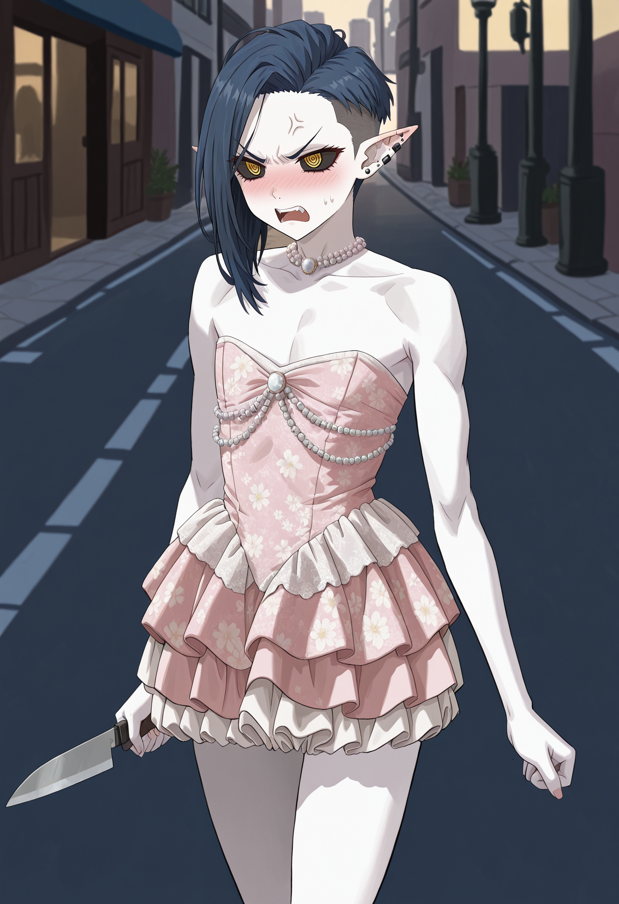 solo,
1boy, trap, flat chest, pointed ears, small eyes, black sclera, yellow eyes, dark blue hair, side bob hair,side undercut, forehead, white skin, ear piercings, nose piercings,  toned,
floral print, street, angry, blush, open mouth, holding  knife, @_@
<lora:godavianashortvictoriandressIL:1.4>, godavianavictoriandress1,  jacquard dress, strapless, short dress, puffy skirt, sleeveless dress, pink dress, frills, lace,  pearl (gemstone), jewelry,
masterpiece,best quality,amazing quality,    <lora:FunatsuKazukiIL-style:0.8>,