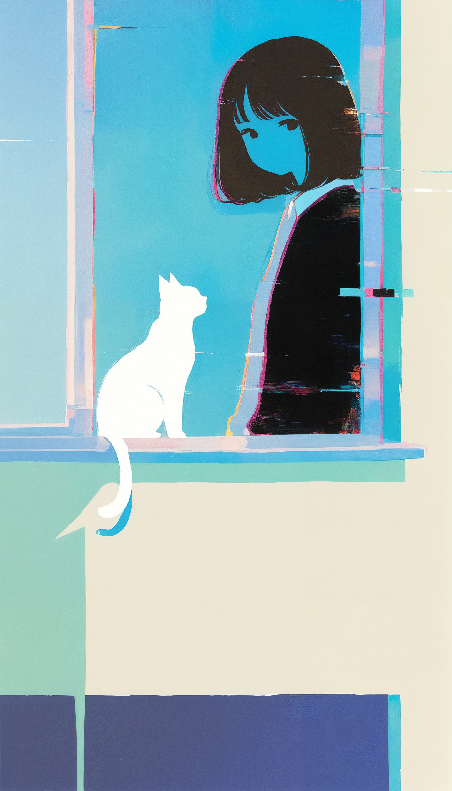 1girl, 1cat, adult, windowsill, 0__11Xx_illu, glitch, painting \(medium\) BREAK masterpiece, very aesthetic, absurdres, drop shadow, real life, casual, abstract, traditional media, scan, blending