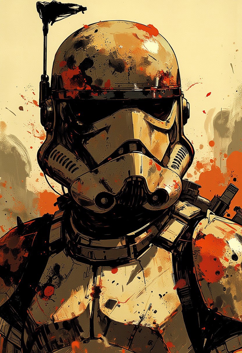 in the style of ck-mgs, nistyle, Special Ink-drawing mode, intricate linework with expressive contrasts, Mh1$AgThS2, Inkplash art on rice paper, sepia, henna , Silhouette Art, magnificent, inksplash closeup portrait of a star wars trooper, heroic and baattlescarred, bloody and bruised helmet, battlefield background.