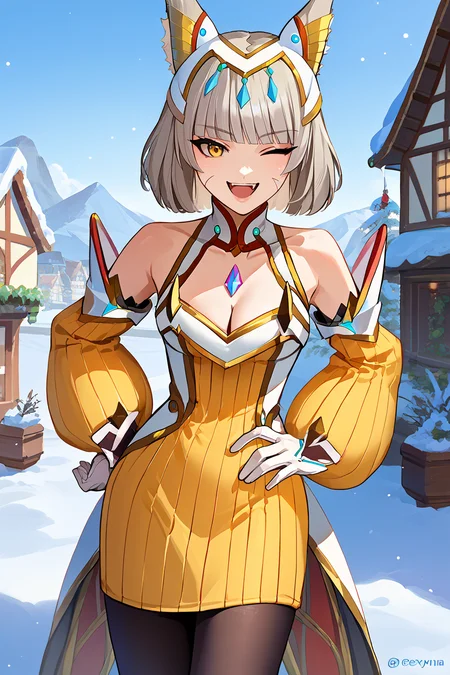 score_9, score_8_up, score_7_up, score_6_up, source_anime BREAK 1girl, <lora:nia-pdxl-nvwls-v1-000006:1> xc3Nia, cat ears, grey hair, short hair, blunt bangs, facial mark, tiara, chest jewel, yellow dress, cleavage, detached sleeves, yellow sleeves, white gloves, black pantyhose, smile, wink, looking at you, smug, blue sky, open mouth, hand on hip, village, winter, snow