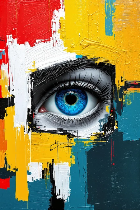 Create an abstract painting featuring a highly detailed, realistic blue eye with long eyelashes as the central focus. Surround the eye with a vibrant, textured background composed of bold, overlapping brushstrokes in red, yellow, white, black, and teal. Ensure the colors blend and contrast dynamically, creating a sense of depth and movement. The eye should appear to be emerging from the abstract background, with the colors partially covering and framing it. The overall composition should evoke a sense of mystery and intrigue, combining realism with abstract expressionism.