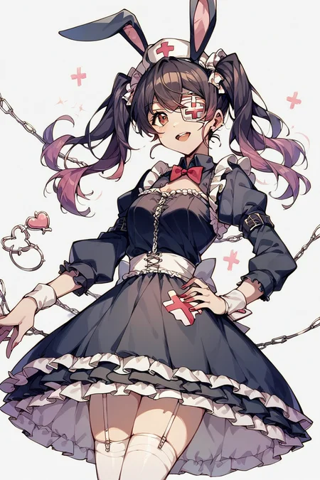 score_9, score_8_up, score_7_up, score_6_up, 1girl,
<lora:Ohnaruto_Muni:0.8> muni, twintails, fake rabbit ears, gothic_lolita, eyepatch, nurse cosplay,
 <lora:Gothic Art 2 Style SDXL_LoRA_Pony Diffusion V6 XL:0.8>