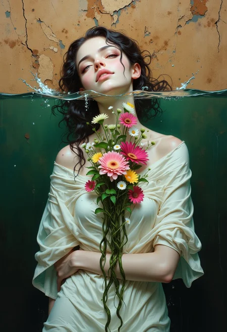 This is an artheon style painting that merges the surreal with the abstract. The scene depicts a woman dressed in a loose, flowing white shroud. She is submerged in water. Only her head is above the water surface. Her skin is a pale, almost translucent white, with dark, wet hair that cascades down her back. The woman appears to be in a state of deep contemplation, her eyes closed and her face expressionless. Under her chin an intricate, colorful bouquet of flowers is floating. The flowers include vibrant pink, yellow, and white blossoms with green leaves, adding a striking contrast to her pale skin. Long, dark green tendrils of seaweed-like material also descend underwater from the flowers, giving a sense of movement and fluidity. The background is a muted, earthy brown, with visible cracks and peeling paint, suggesting an aged, weathered surface. The water around the woman is a deep, rich green, with subtle reflections and ripples that enhance the sense of depth and immersion. The overall composition is balanced and harmonious, blending the serene, almost ethereal quality of the woman with the rugged, textured background.